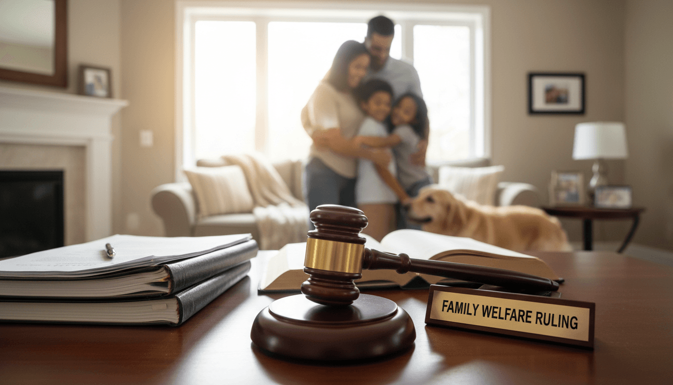 Legal gavel symbolizing court custody decisions with family and companion dog in background