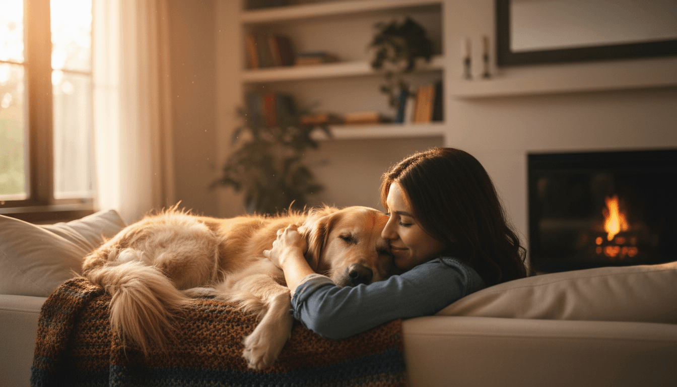Pet owner and dog together at home, showing caregiving bond and emotional connection