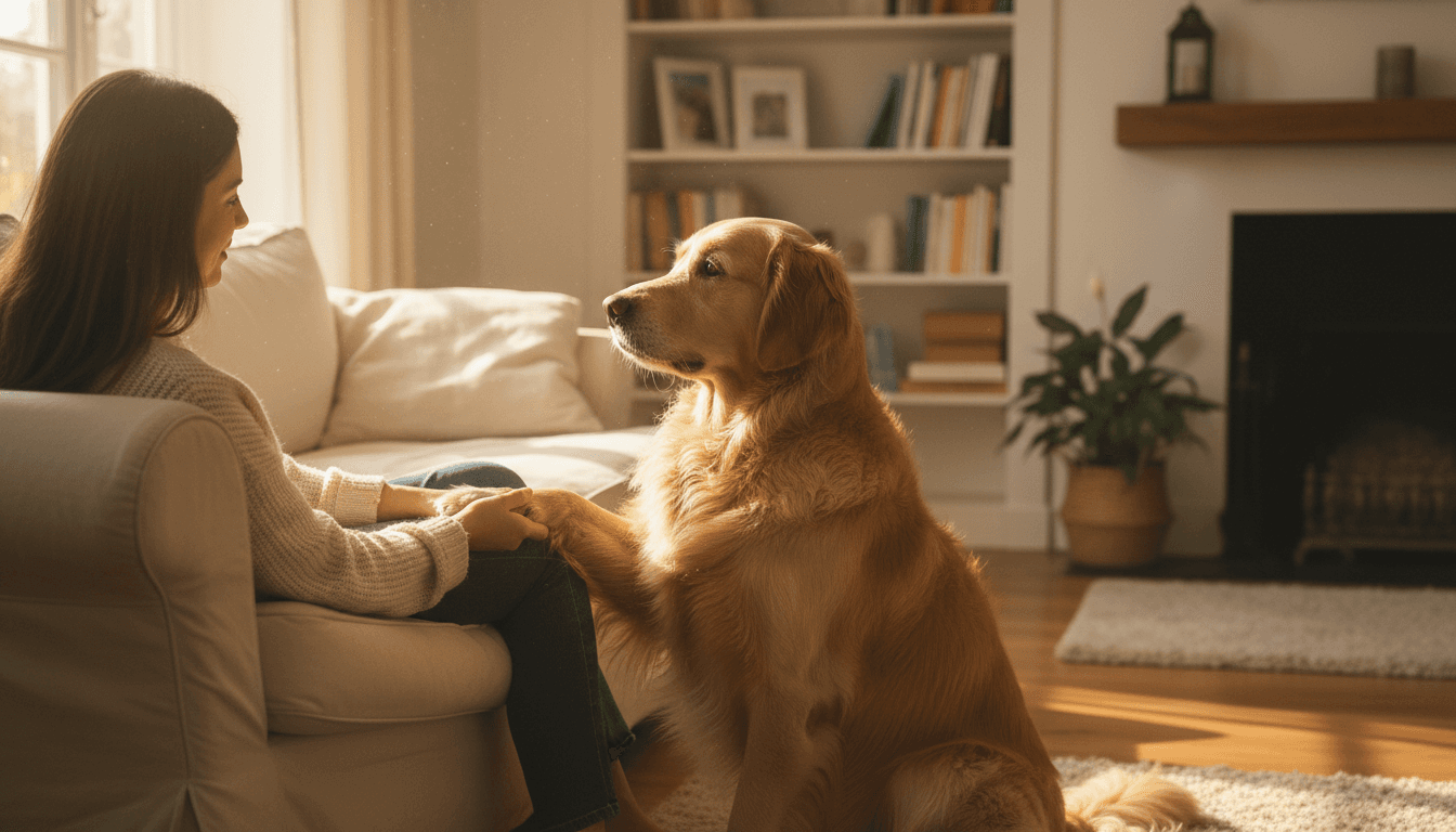 Person holding hands with their dog at home, showing the emotional bond between companion animal and caregiver