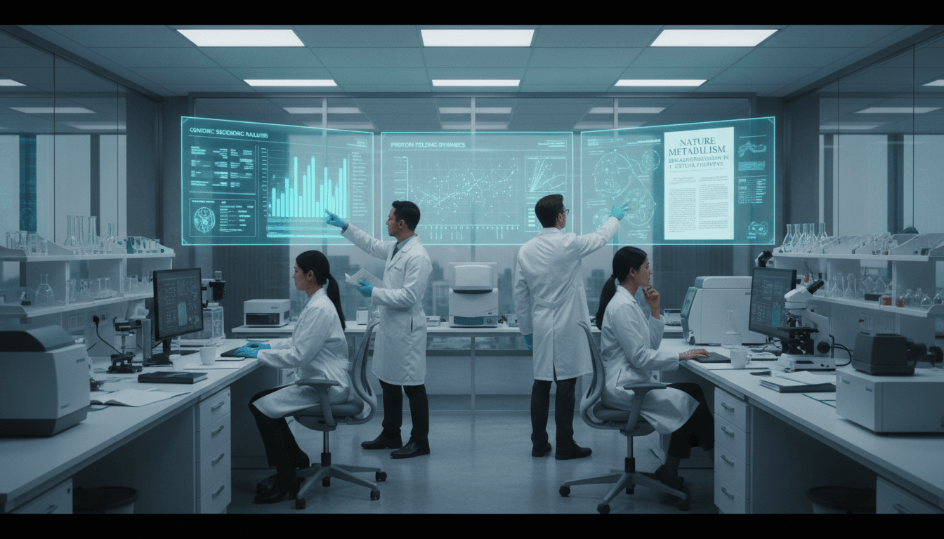 Researchers reviewing peer-reviewed studies on companion animal behavior and attachment in a modern research laboratory