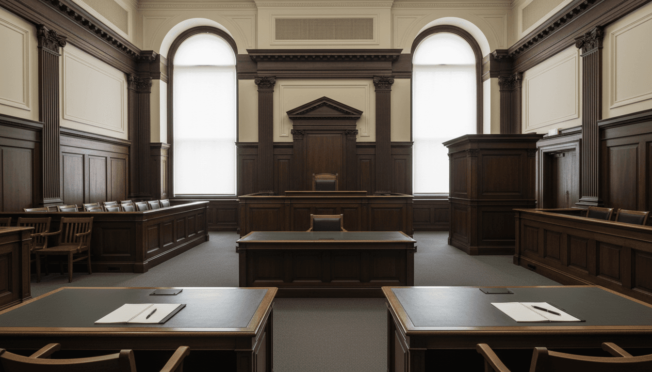 Courthouse interior with gavel and legal materials