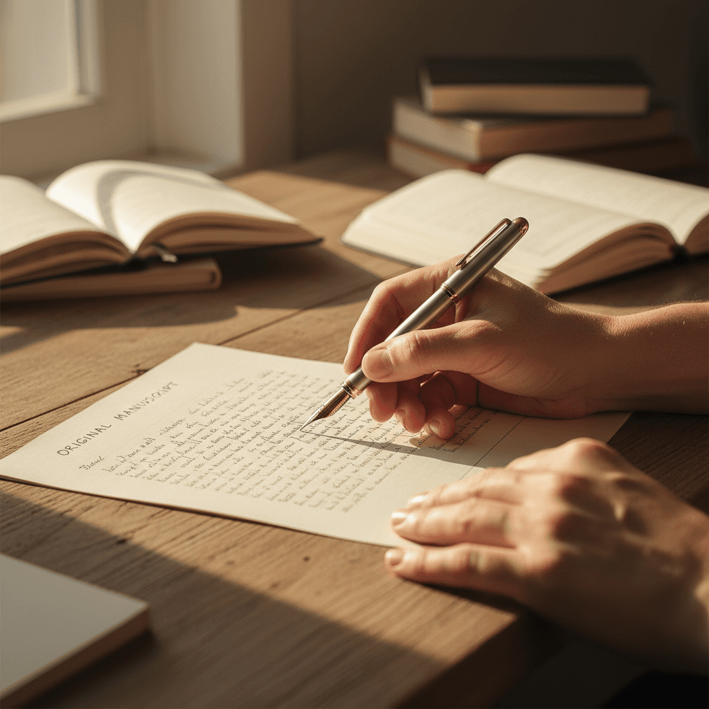 Hands writing notes with a fountain pen in soft warm lighting