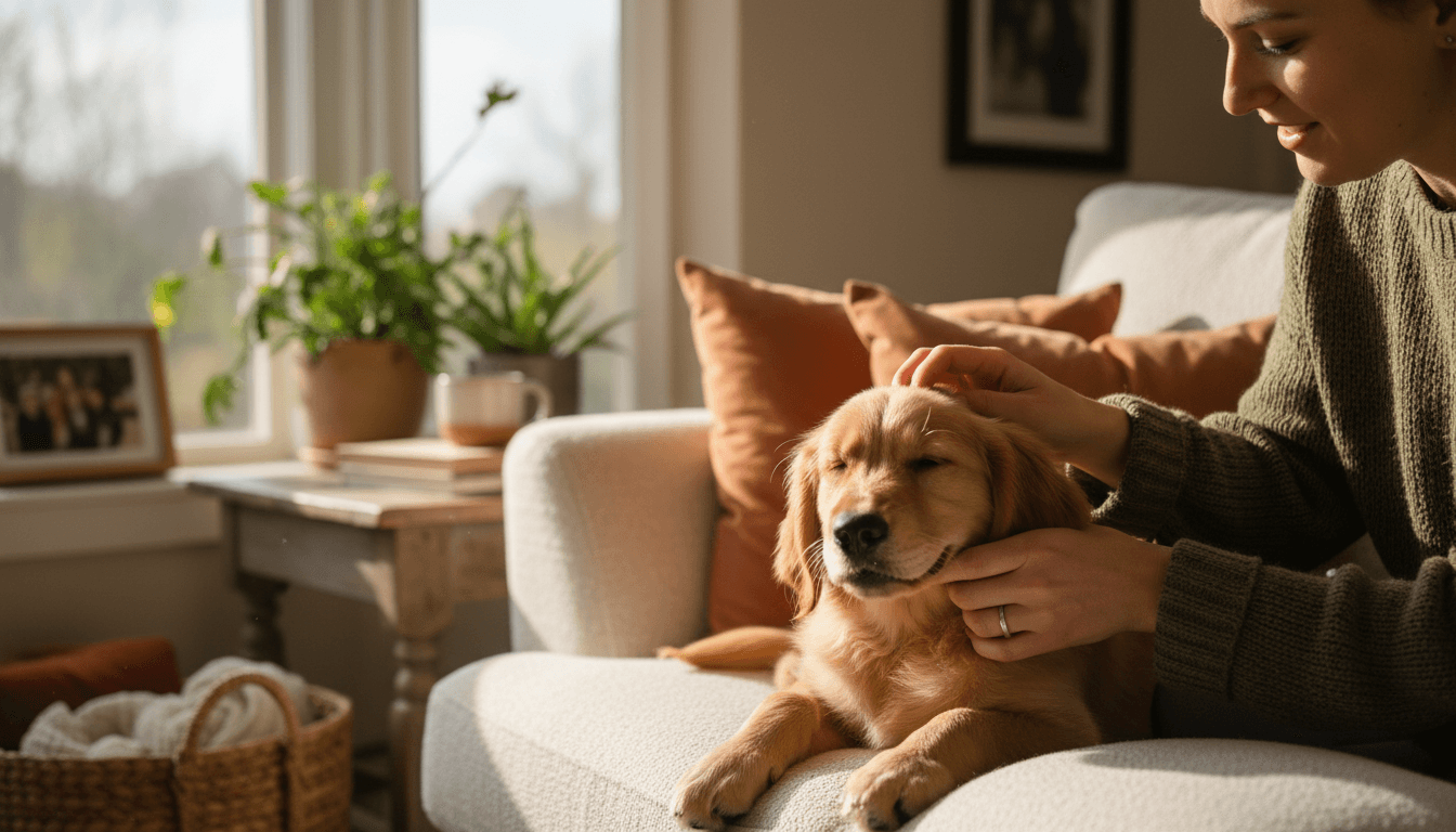 Person holding their dog on a couch in natural light