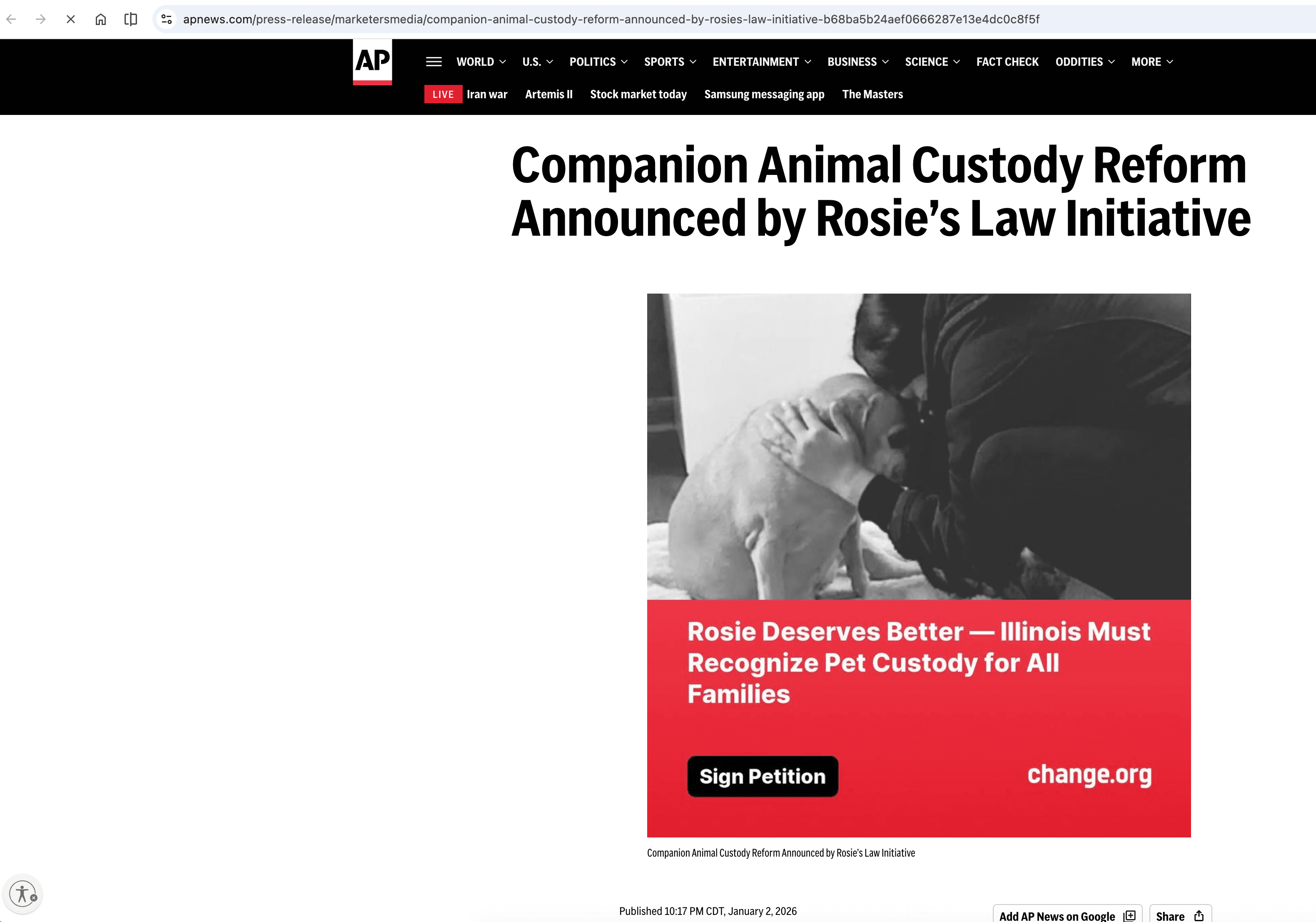 Person hugging a dog above a red banner for Rosie's Law pet custody reform.