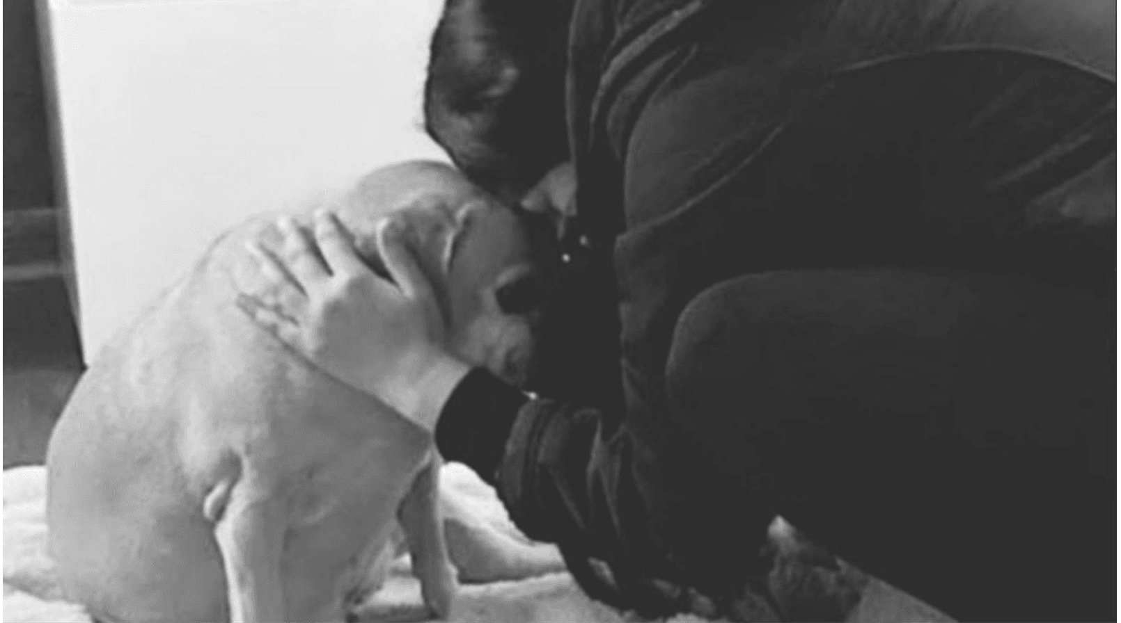 A person tenderly presses their forehead against a small dog's head in black and white.