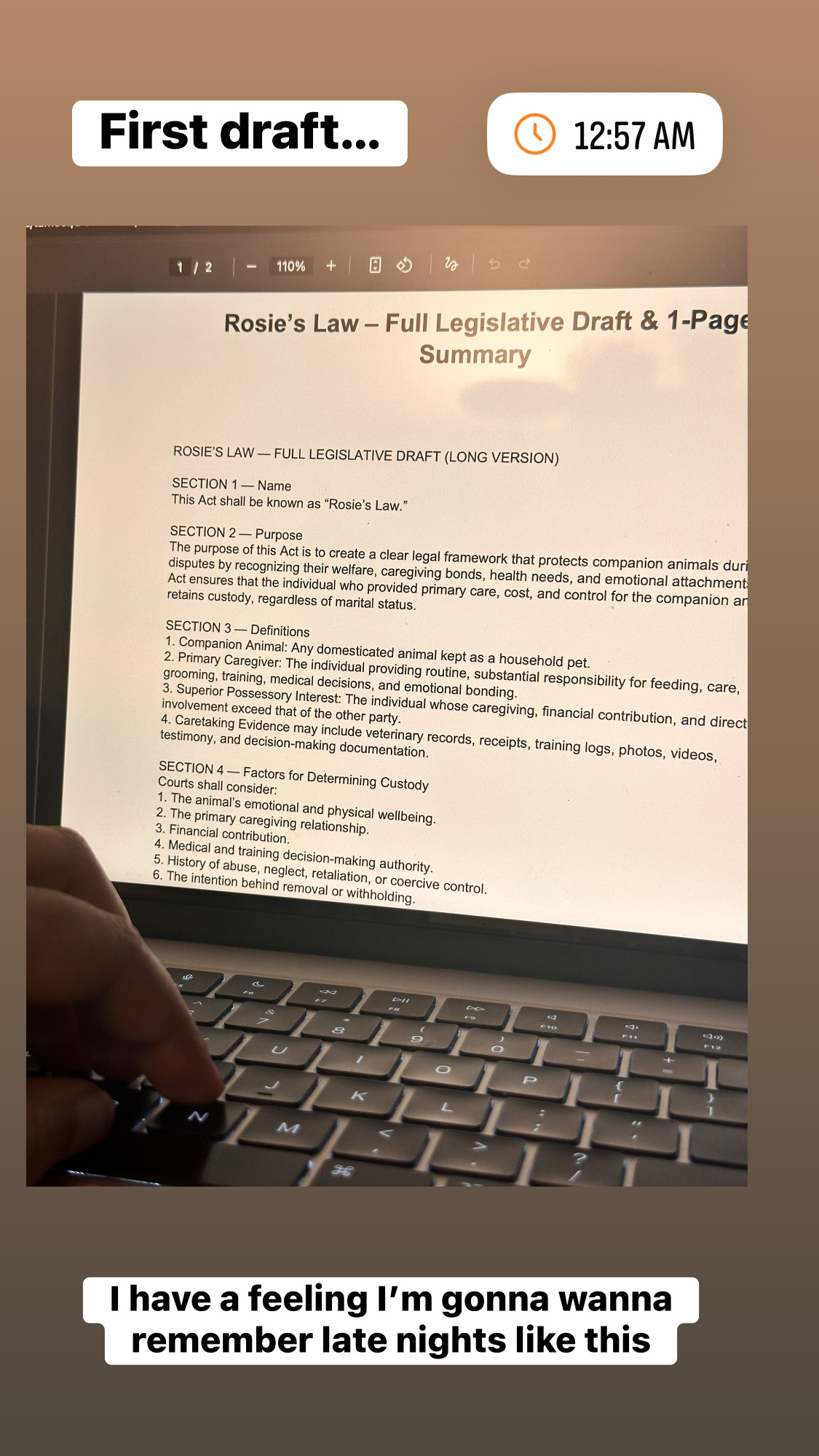 The first draft of Rosie’s Law displayed on a laptop during a late-night drafting session